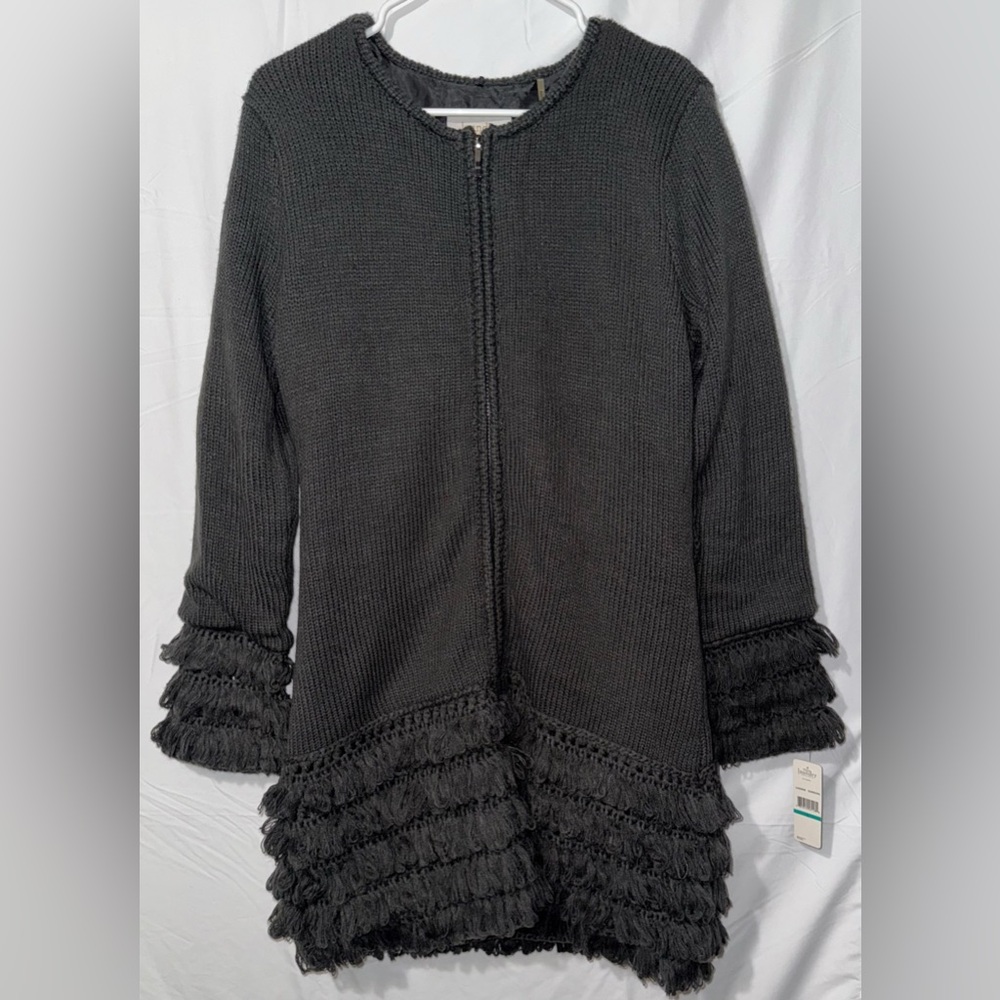 Laundry by Shelli Segal Charcoal Knit Fringe Hem Jacket NWT Size L